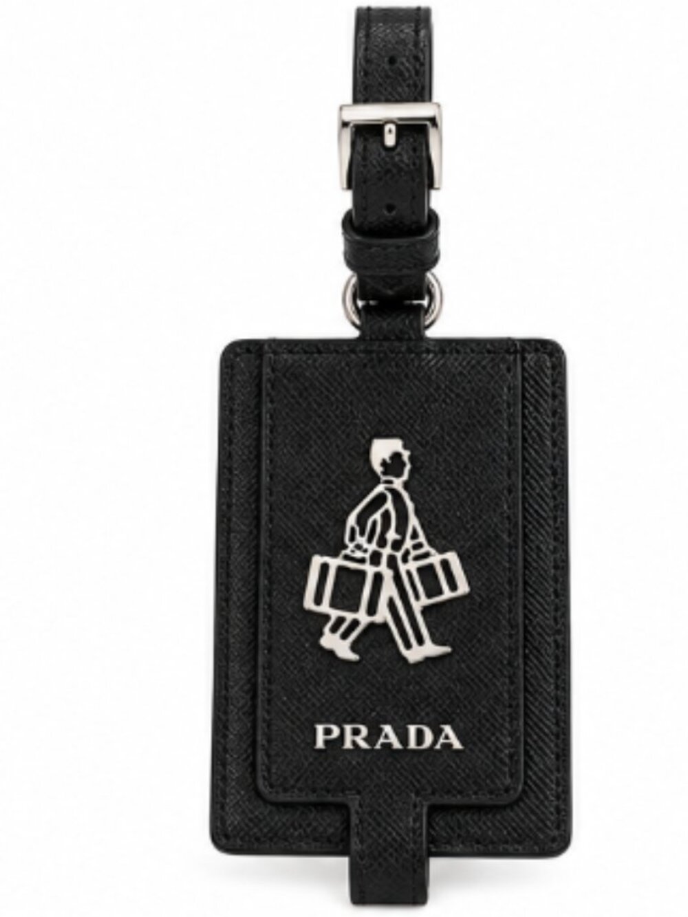 Prada Saffiano Travel Bellboy Luggage ID Tag Black Leather + Original Box